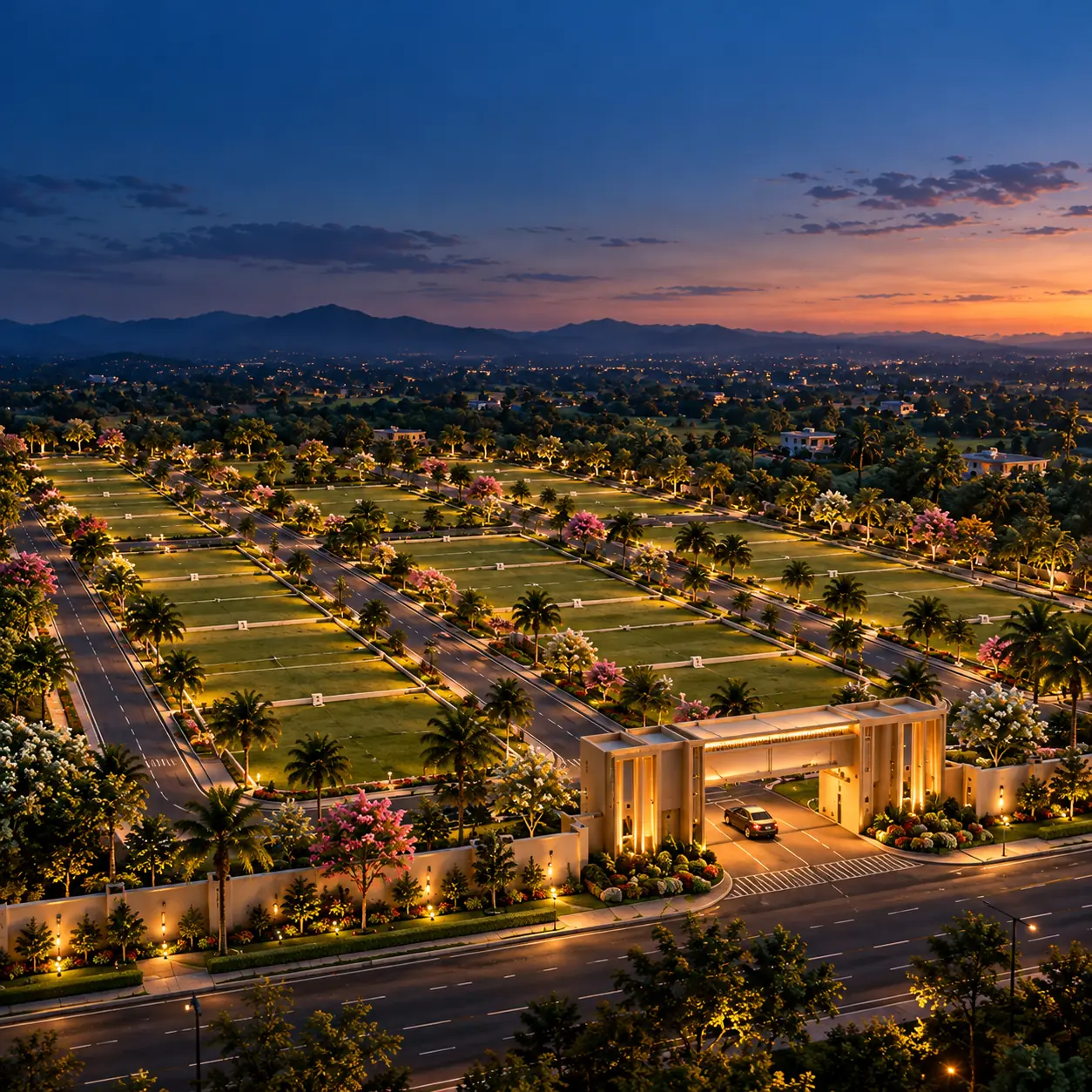 Aerial view of the lit layout and entrance after dark