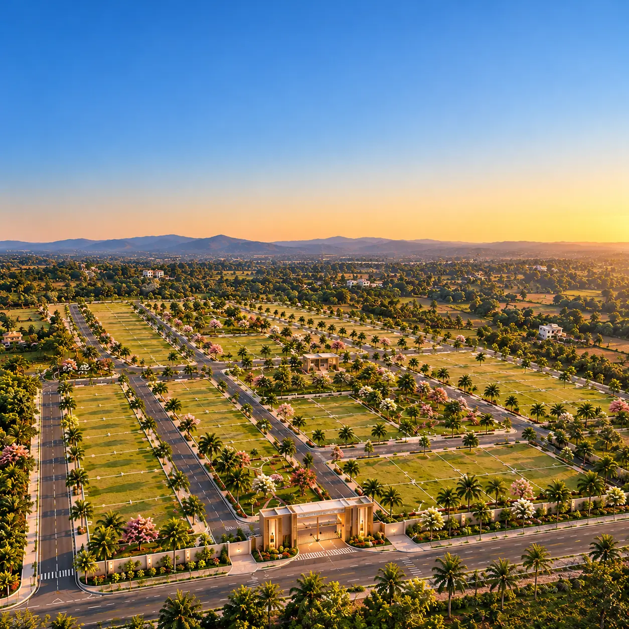 Aerial view across the plotted layout at sunset