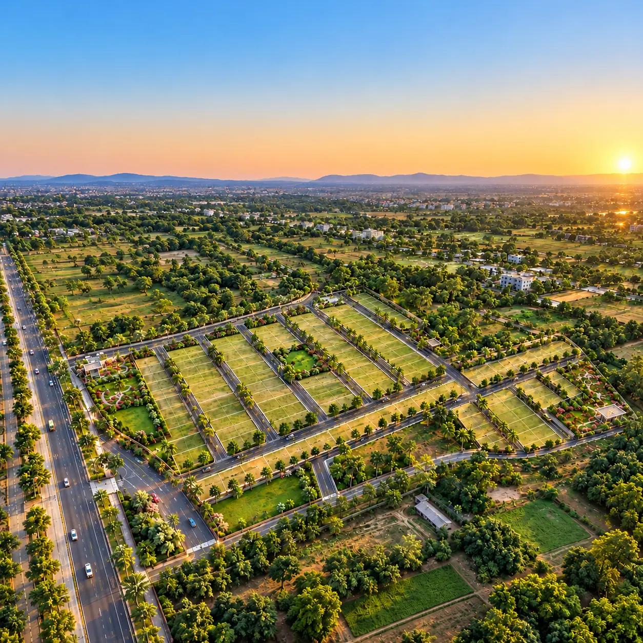 Sunlit aerial view of the residential development