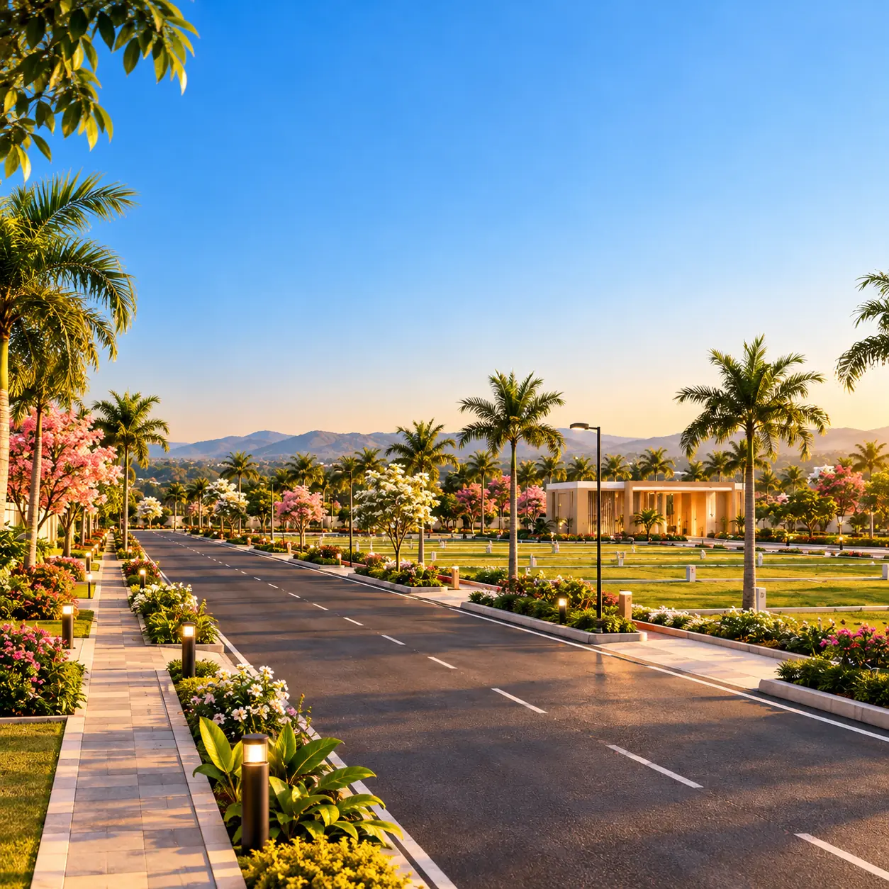 Palm-lined internal avenue through the layout