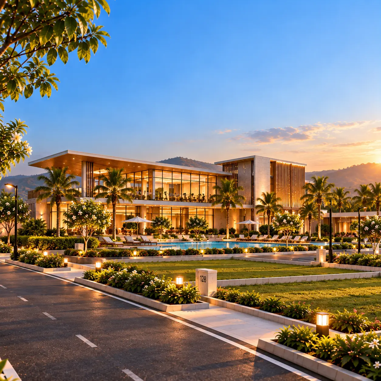 The clubhouse and swimming pool at dusk