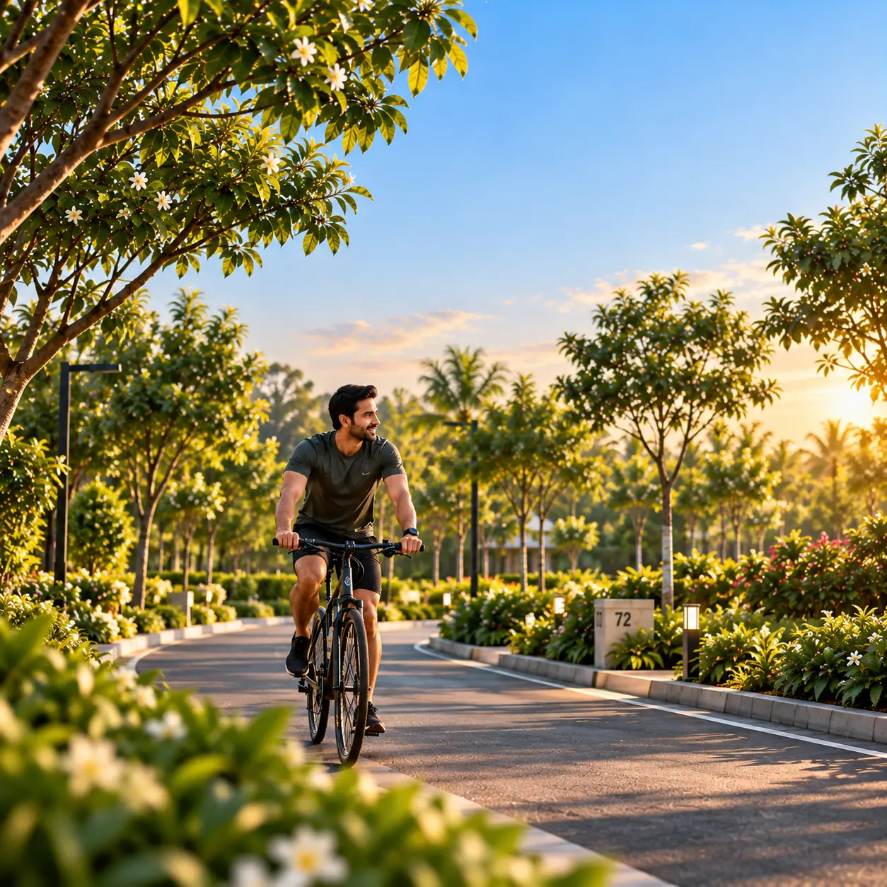 A resident cycling along a tree-lined track