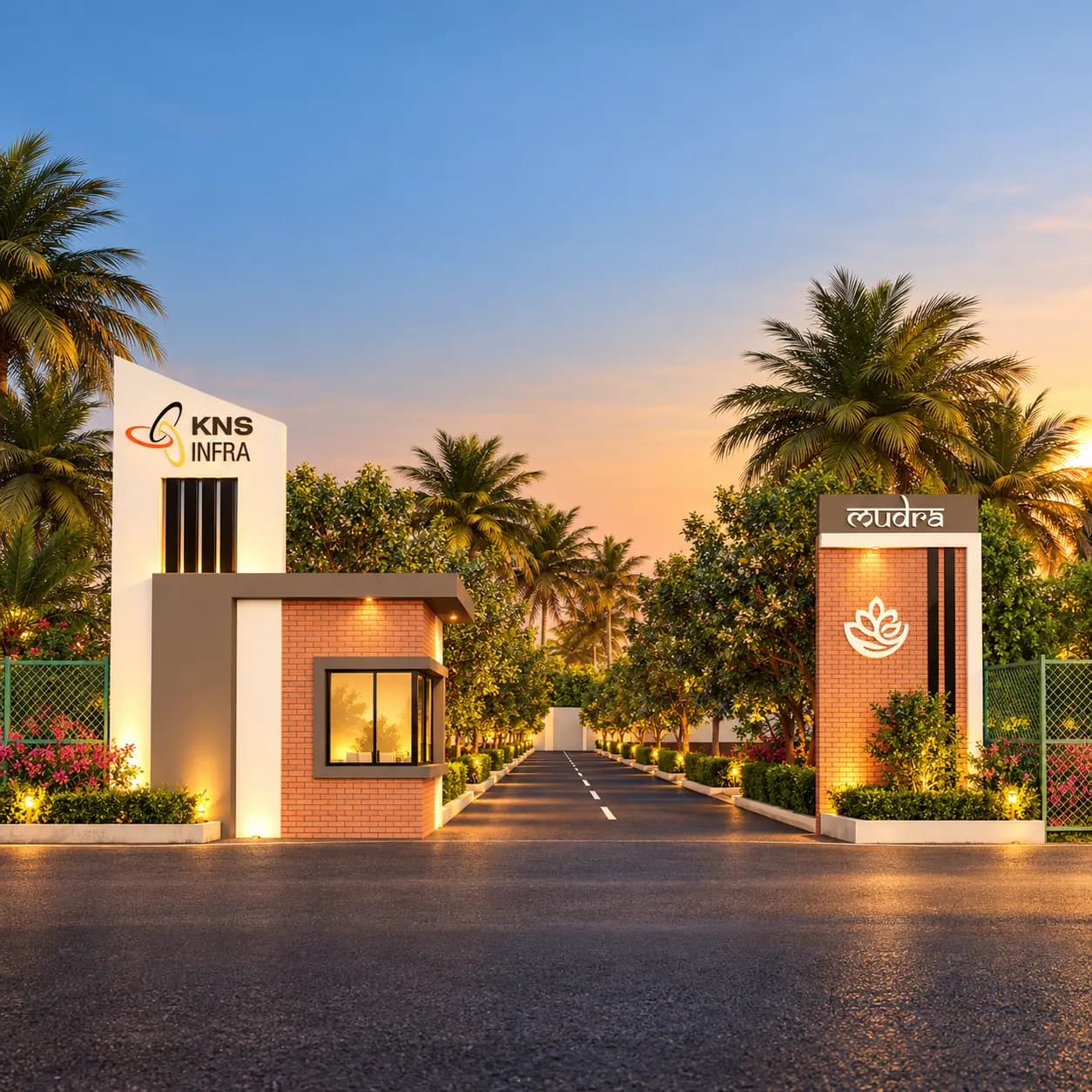 The KNS Mudra entrance gate at golden hour
