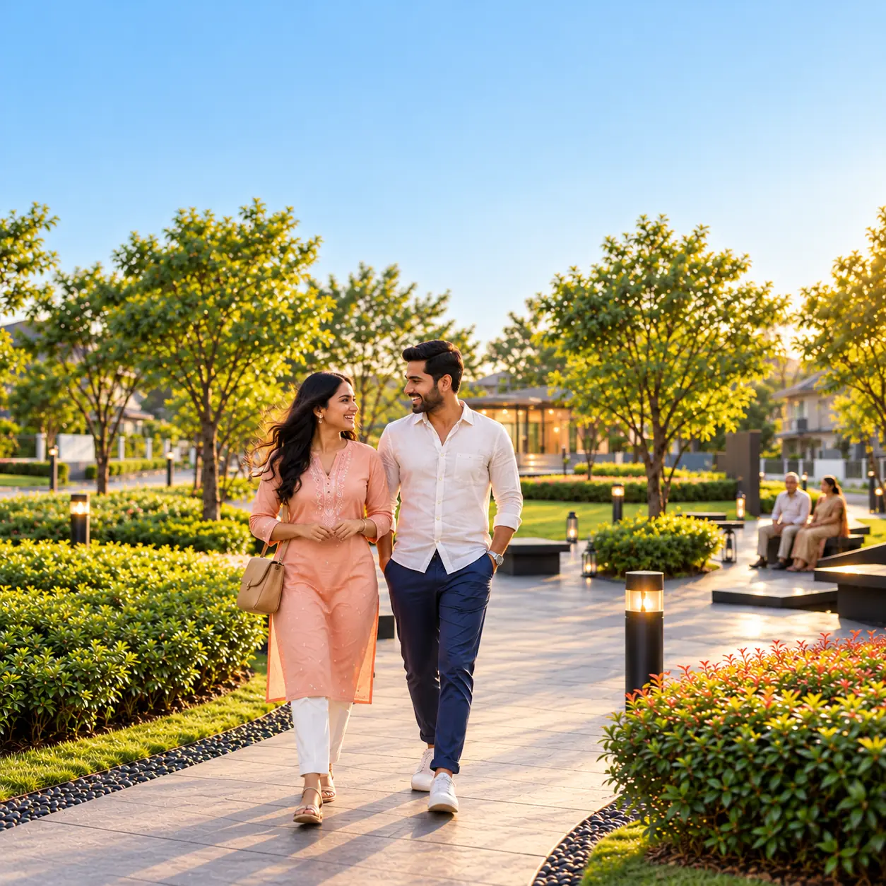 A couple on a stroll through the landscaped gardens