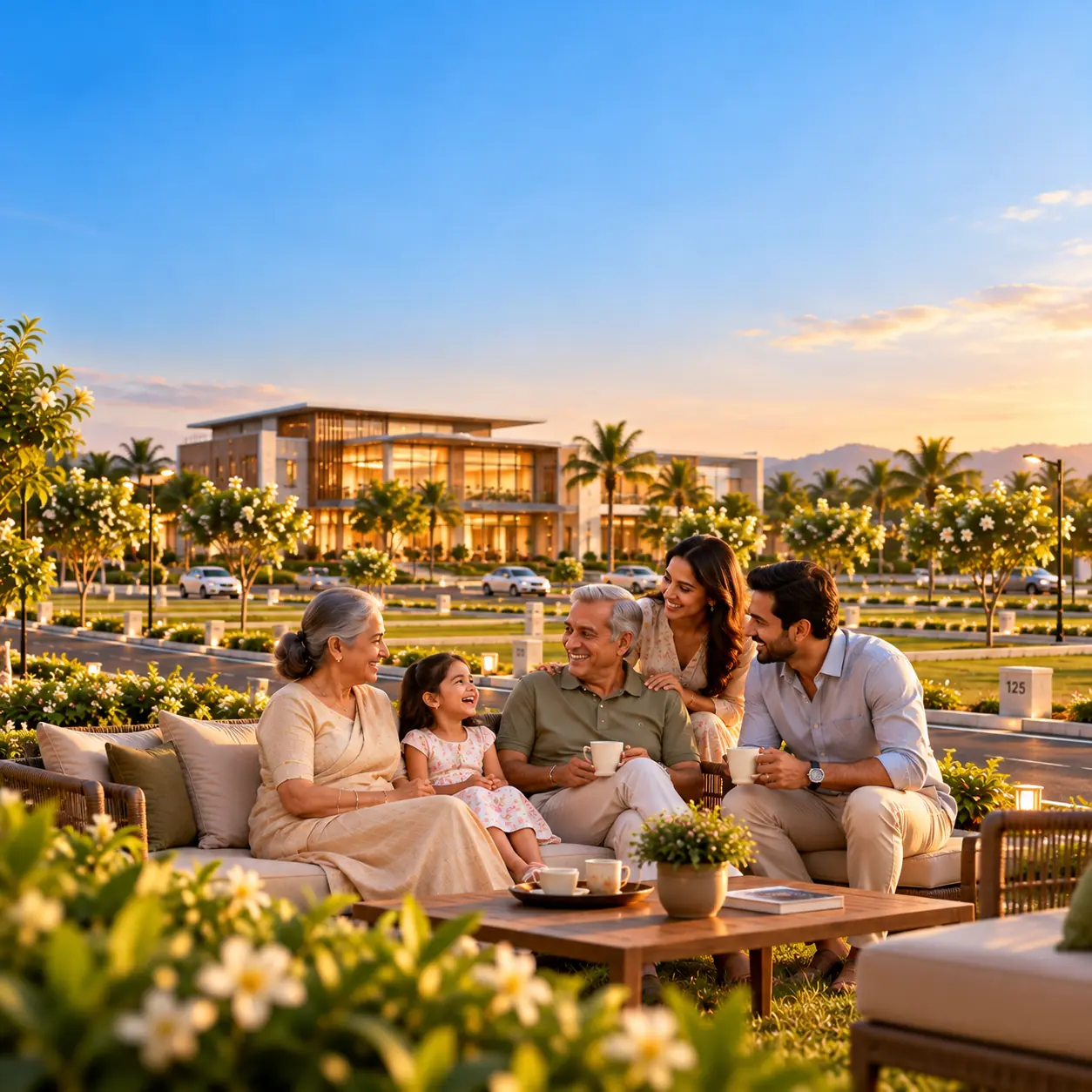 A family relaxing in a shaded seating area