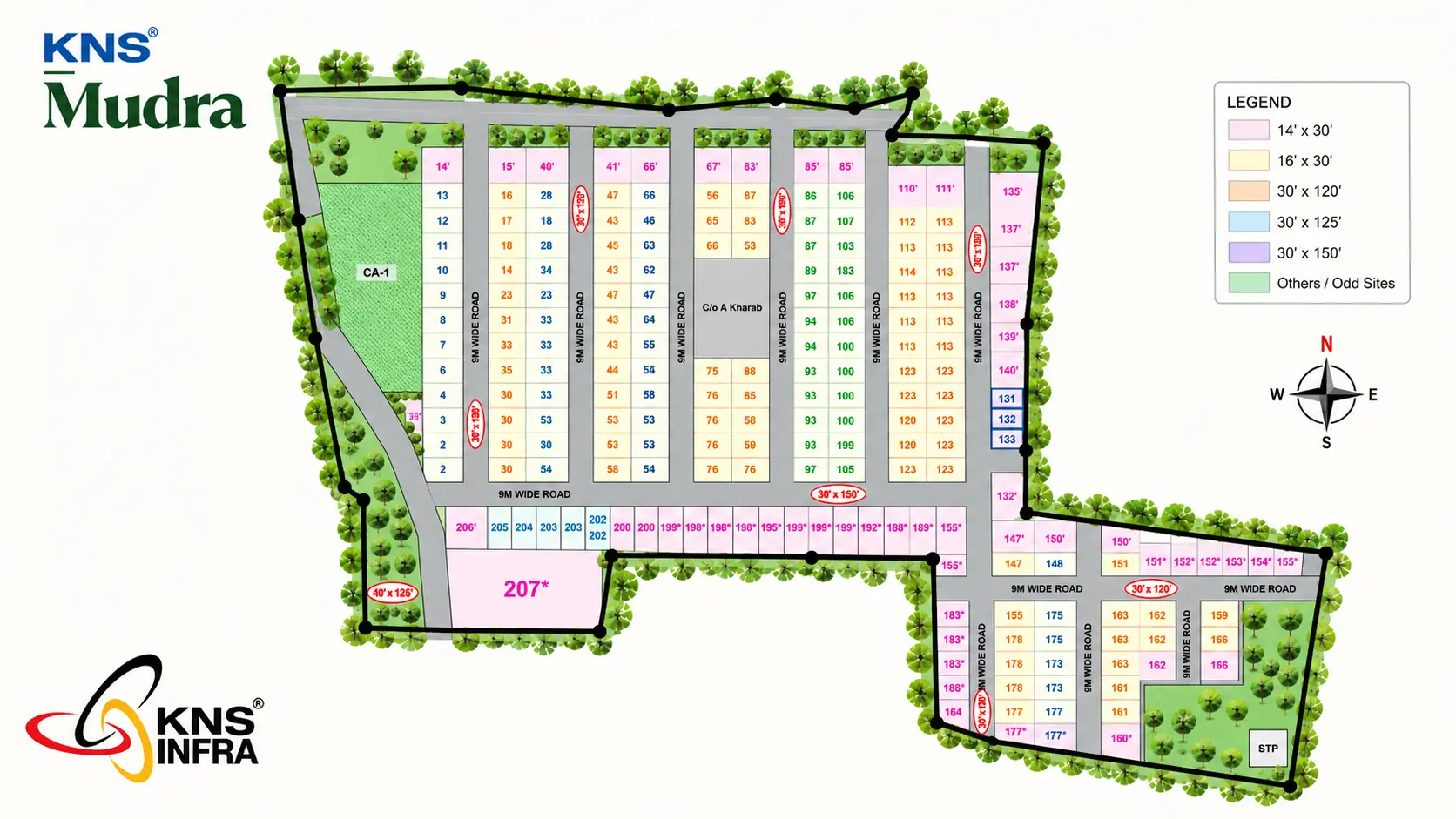 Master plan of the KNS Mudra layout, 207 residential plots across 13.47 acres